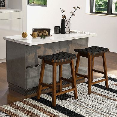 Set Of 2 25" Bar Height Stools With Faux Leather Woven Curved Seats