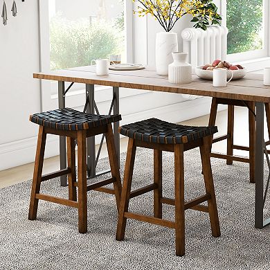 Set Of 2 25" Bar Height Stools With Faux Leather Woven Curved Seats