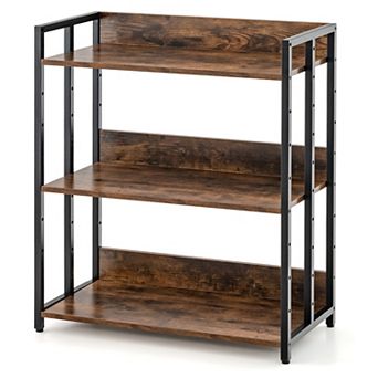 3 tier Corner Bookcase With Adjustable Shelves And Metal Frame-rustic Brown