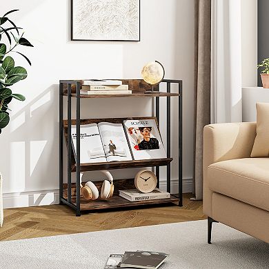 3-tier Corner Bookcase With Adjustable Shelves And Metal Frame-rustic Brown