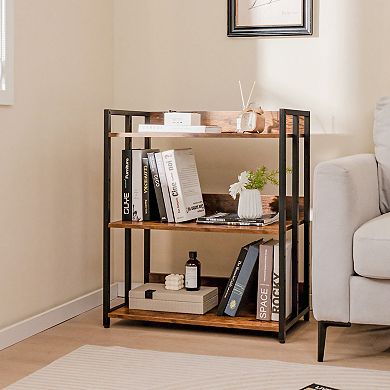 3-tier Corner Bookcase With Adjustable Shelves And Metal Frame-rustic Brown
