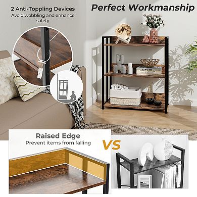3-tier Corner Bookcase With Adjustable Shelves And Metal Frame-rustic Brown