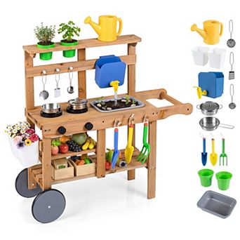 Solid Wood Mud Kitchen 36 Inch with Water Tank Sink and 15 Accessories