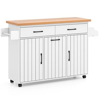 58 Inch Rolling Kitchen Island Table with Trash Bag Cabinet and Spice Rack