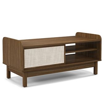 Mid-century Coffee Table With Sliding Weave Door & Adjustable Shelf-walnut