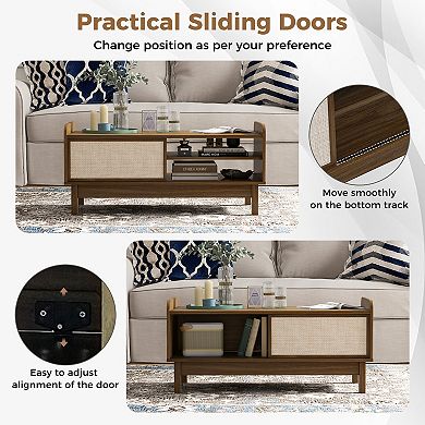 Mid-century Coffee Table With Sliding Weave Door & Adjustable Shelf-walnut