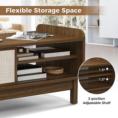 Mid-century Coffee Table With Sliding Weave Door & Adjustable Shelf-walnut