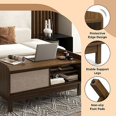 Mid-century Coffee Table With Sliding Weave Door & Adjustable Shelf-walnut