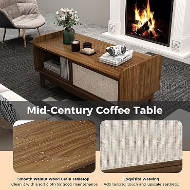 Mid-century Coffee Table With Sliding Weave Door & Adjustable Shelf-walnut