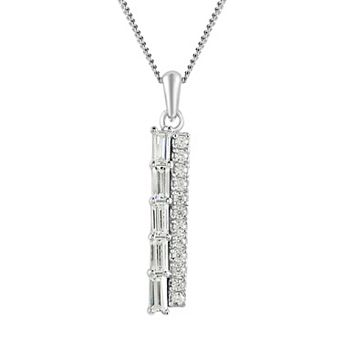 SIRI Sterling Silver Rhodium-Plated Dual Row Pendant with Baguette and Round Cubic Zirconia and 18" Chain