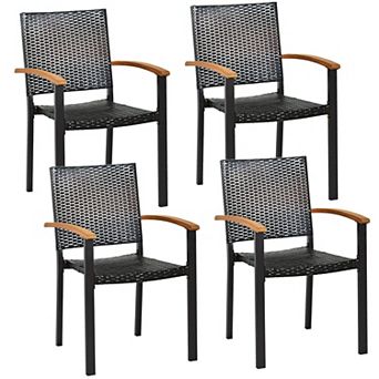 Set Of 4 Outdoor Patio Pe Rattan Dining Chairs With Powder-coated Steel Frame