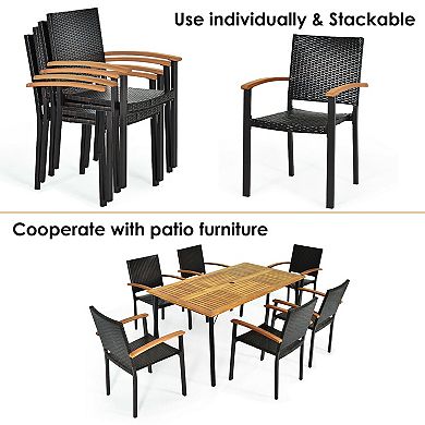 Set Of 4 Outdoor Patio Pe Rattan Dining Chairs With Powder-coated Steel Frame