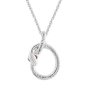 SIRI Sterling Silver Rhodium Plated Garnet Cubic Zirconia On Eyes Coiling Serpent Pendant Necklace 18"