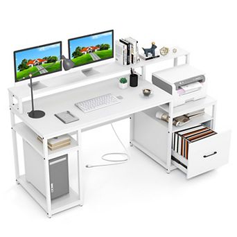 67 Inch Computer Desk with Monitor Stand Rolling File Drawer and Built In Power Bar