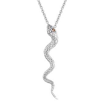 SIRI Sterling Silver Rhodium Plated Garnet Cubic Zirconia On Eyes Serpent Pendant Necklace 18"