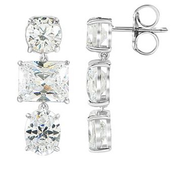 SIRI Rhodium-Plated Sterling Silver Triple-Drop Earring with Round, Square, and Oval White Cubic Zirconia