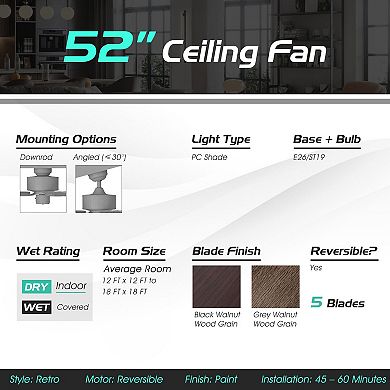 52-inch Ceiling Fan With 3 Wind Speeds, 5 Reversible Blades-black