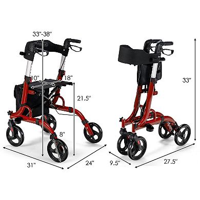 Folding Aluminum Rollator Walker With 8 Inch Wheels And Seat-red