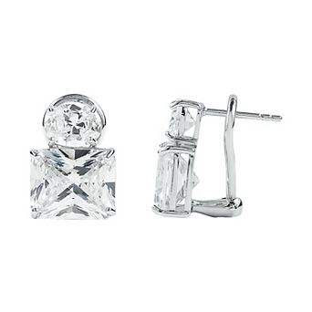 SIRI Rhodium-Plated Sterling Silver Square and Round Double Drop Earring with White Cubic Zirconia