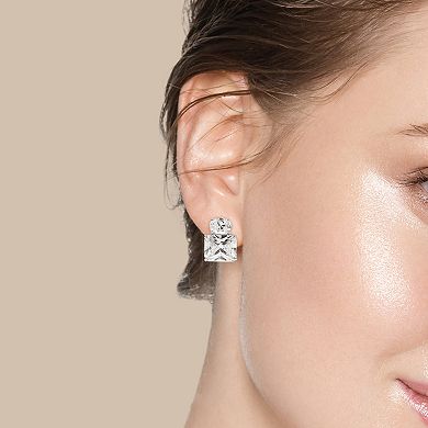 SIRI Rhodium-Plated Sterling Silver Square and Round Double Drop Earring with White Cubic Zirconia