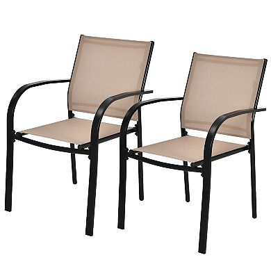 Set Of 2 Patio Stackable Dining Chairs With Armrests Garden Deck