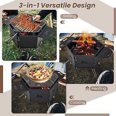 Portable Charcoal Grill Stove Rotatable With Foldable Body And Legs With Handles