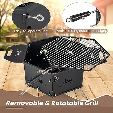 Portable Charcoal Grill Stove Rotatable With Foldable Body And Legs With Handles