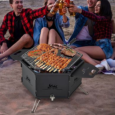 Portable Charcoal Grill Stove Rotatable With Foldable Body And Legs With Handles