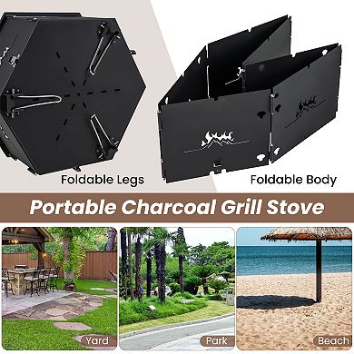 Portable Charcoal Grill Stove Rotatable With Foldable Body And Legs With Handles