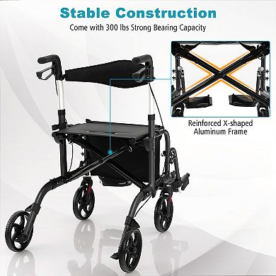 2-in-1 Adjustable Folding Handle Rollator Walker With Storage Space-black