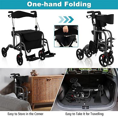 2-in-1 Adjustable Folding Handle Rollator Walker With Storage Space-black