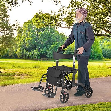 2-in-1 Adjustable Folding Handle Rollator Walker With Storage Space-black
