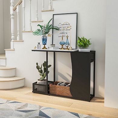 43.5-inch Black Console Table With Faux Marble Top And Plant Display Shelf