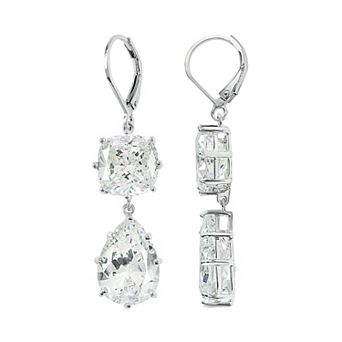 SIRI Rhodium-Plated Sterling Silver Leverback Earring with Square and Pear White Cubic Zirconia Drops