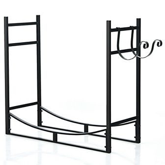 33 Inch Firewood Rack With Removable Kindling Holder Steel Fireplace Wood