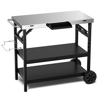 3 tier Foldable Outdoor Cart On 2 Wheels With Phone Holder-black
