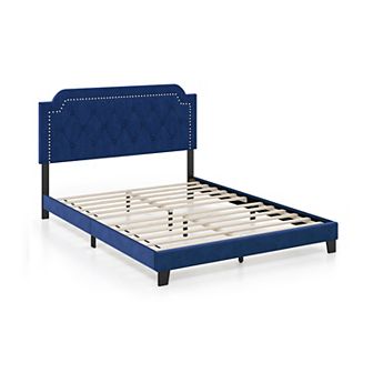 Queen Size Velvet Platform Bed With Button Tufted Headboard And Nailhead Trim