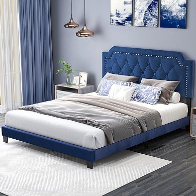 Queen Size Velvet Platform Bed With Button Tufted Headboard And Nailhead Trim