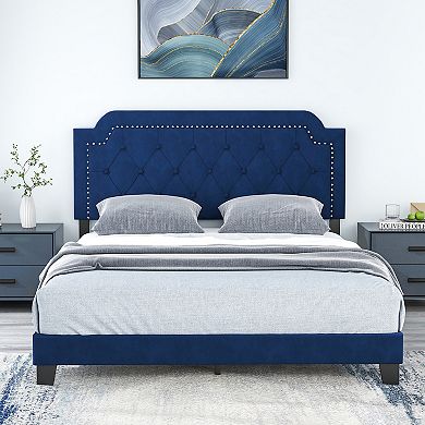 Queen Size Velvet Platform Bed With Button Tufted Headboard And Nailhead Trim