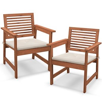 Set Of 2 Patio Solid Wood Dining Chairs With Cushions And Slatted Seat