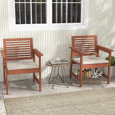 Set Of 2 Patio Solid Wood Dining Chairs With Cushions And Slatted Seat