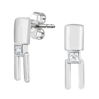 SIRI Sterling Silver Rhodium-Plated Geometric Drop Earrings with Cubic Zirconia Accent