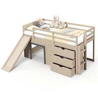 3-in-1 Twin Loft Bed With Slide, Ladder, And Drawers For Kids And Teens-beige