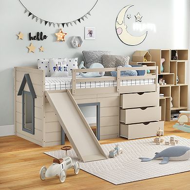 3-in-1 Twin Loft Bed With Slide, Ladder, And Drawers For Kids And Teens-beige