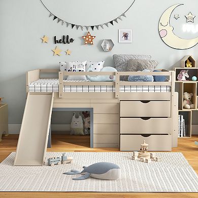 3-in-1 Twin Loft Bed With Slide, Ladder, And Drawers For Kids And Teens-beige