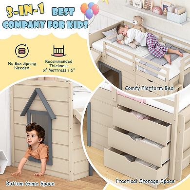 3-in-1 Twin Loft Bed With Slide, Ladder, And Drawers For Kids And Teens-beige