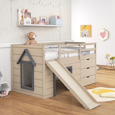 3-in-1 Twin Loft Bed With Slide, Ladder, And Drawers For Kids And Teens-beige