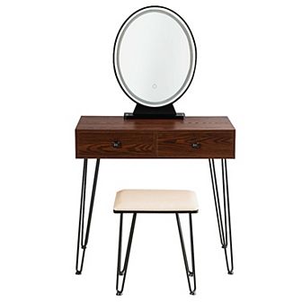 Walnut Industrial Vanity Table With 3 Lighting Modes
