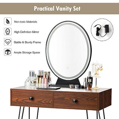 Walnut Industrial Vanity Table With 3 Lighting Modes