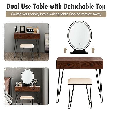 Walnut Industrial Vanity Table With 3 Lighting Modes